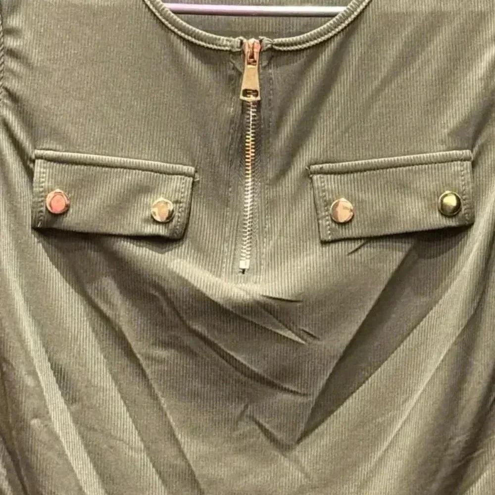 SHEIN Khaki Short Sleeve Tee with Front Zipper - Picture 3 of 4